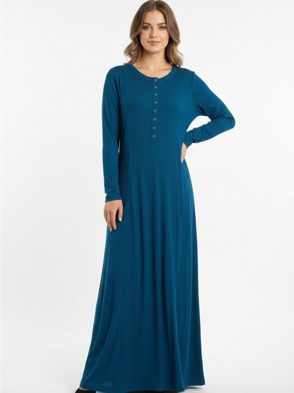 Chelsea & Violet Navy Blue Long-Sleeve Maxi Dress with Henley Buttons